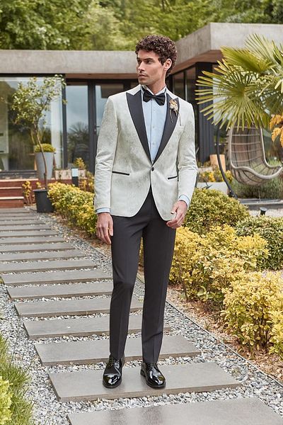 İmza Light Cream Detachable Swallow Collar Lycra 6 Drop Slim Fit Tuxedo Groom Suit1001240204