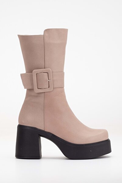 ANALİN SHOES Genuine Leather Women's Boots - Buckle, Platform and Chunky Heels, Stone Color
