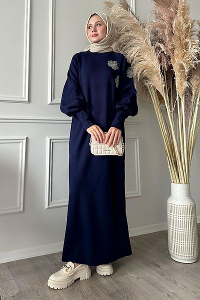 InStyle Flower Jewelled Balloon Sleeve Navy Blue Knitwear Dress