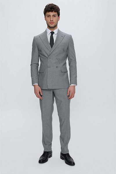 İmza Gray Striped Swallow Collar Lined Double Breasted 6 Drop Slim Fit Slim Fit Classic Set1001230164