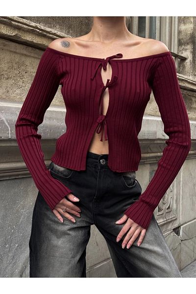 hazelin Μπλούζα Claret Red Madonna Collar Crop - Μπροστινή γραβάτα HZL25W-ZK10331