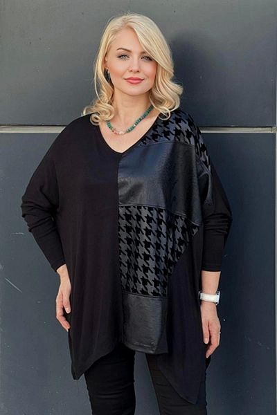 aytemas Houndstooth Patterned Faux Leather Detailed Blouse