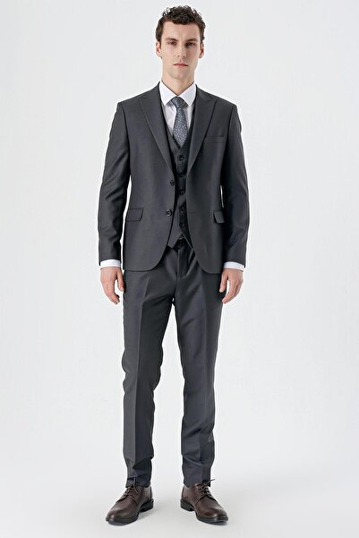 İmza Koyu Antrasit Kırlangıç Yaka Yelekli 6 Drop Slim Fit Dar Kesim Klasik Takım Elbise 1001235166