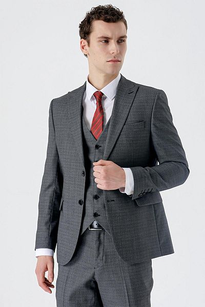 İmza Dark Anthracite Slim Suit 6 Drop Swallow Collar Double Slit Vest