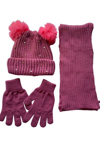 Kitti 9-15 Years Old Dark Pink Girl's 3-Piece Beanie Scarf Gloves Set with Fleece Acrylic Pompom Inside