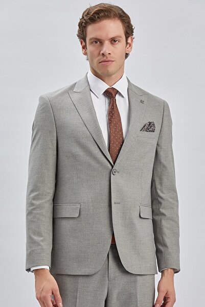 İmza Gray Striped Slim Fit Suit - Swallow Collar, Lined, 6 Drop1001240175