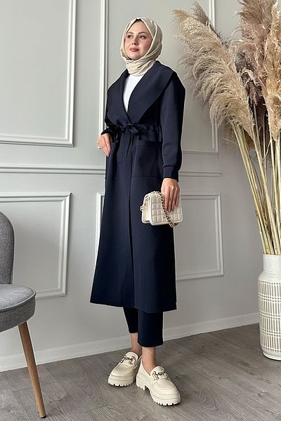 InStyle Waist Tied Navy Blue Hijab Coat