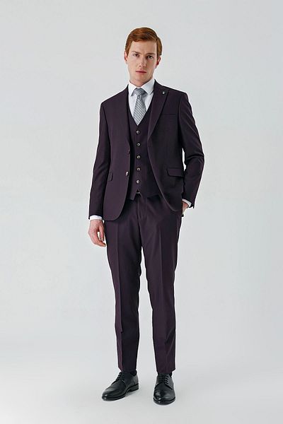İmza Plum Gabardine Swallow Collar Vest 6 Drop Slim Fit Classic Suit1001240187