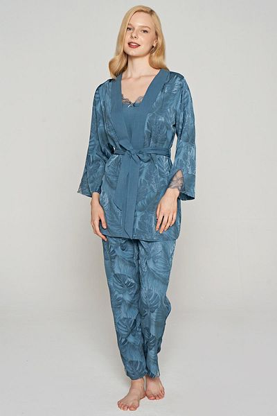 Feyza Set de pijamale și halate țesute pentru femei, albastru jacquard, 3 piese - C6T2N1O5