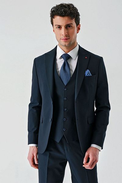 İmza Dark Navy Blue Swallow Collar Vest Lycra 6 Drop Slim Fit Classic Suit1001240168