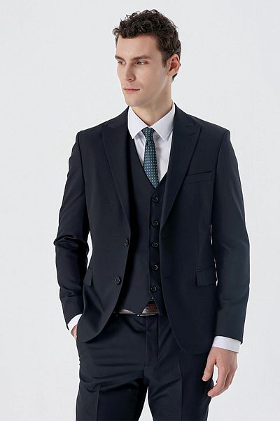 İmza Dark Navy Blue Swallow Collar Vest Lycra 6 Drop Slim Fit Classic Suit