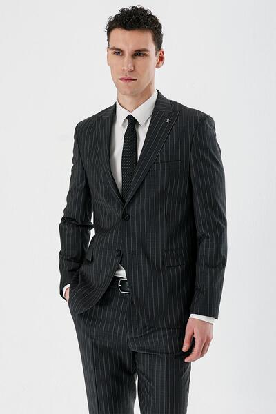 İmza Füme Çizgili Kırlangıç Yaka Yünlü Likralı 6 Drop Slim Dar Kesim Klasik T...