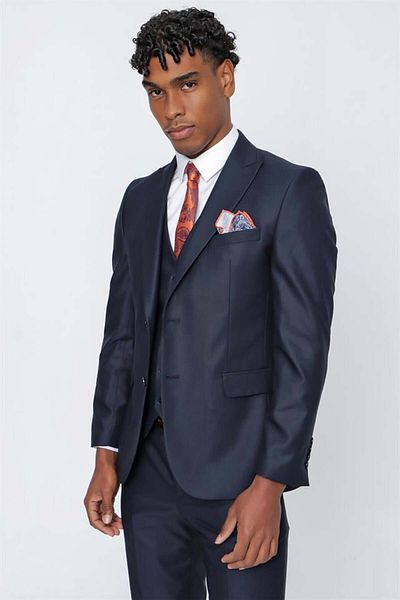 İmza Sötét sötétkék Gabardine Slim Fit öltöny galléros mellényekkel 1001225176