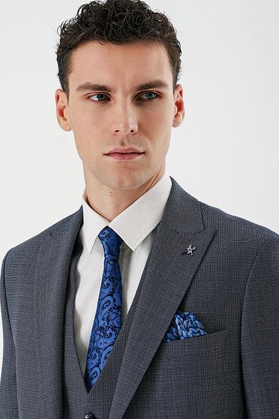 İmza Dark Navy Blue Swallow Collar Vest 6 Drop Slim Fit Classic Suit 1001240157