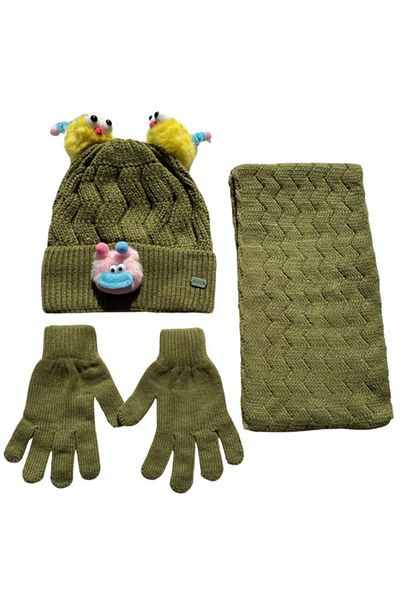 Kitti Green Acrylic Pompom Beanie Gloves Set of 3 for 4-8 Years Old Girl