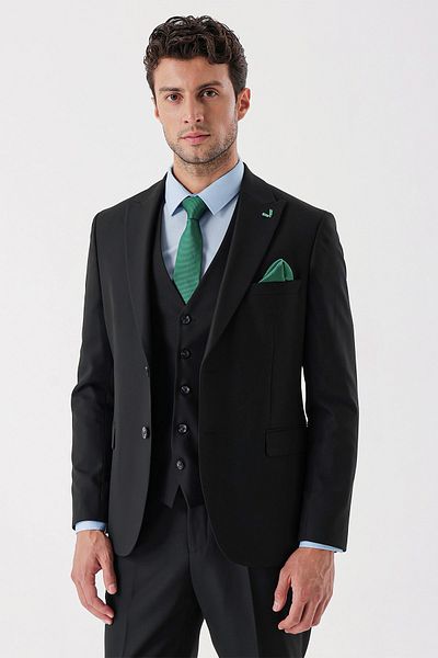 İmza Vestă neagră cu model Dobby cu guler înghițit Costum slim cu 6 picături din Lycra1001235156