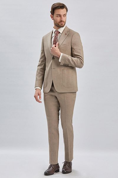 İmza Μπεζ λινό ανάμεικτο - Μονό γιακά Slim Fit Casual κοστούμι 1001240169