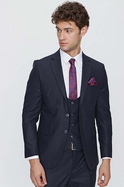 İmza Navy Blue Mono Collar Lined Vest 6 Drop Slim Fit Slim Cut Suit 1001220186