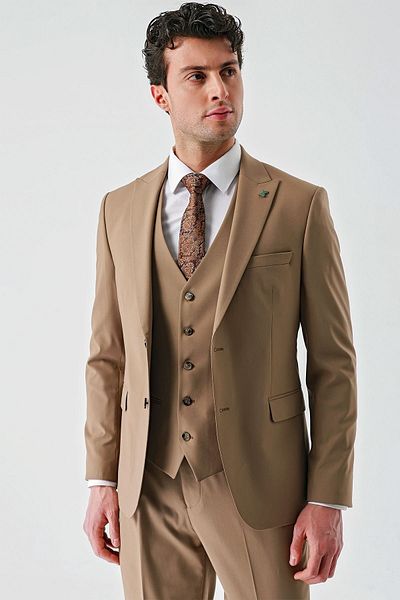 İmza Tobacco Gabardine Swallow Collar Vest Lycra 6 Drop Slim Fit Classic Suit1001240188