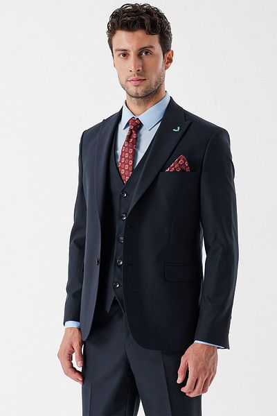 İmza Vestă cu guler în formă de rândunică Dobby bleumarin închis Lycra 6 Drop Slim Fit 1001235156