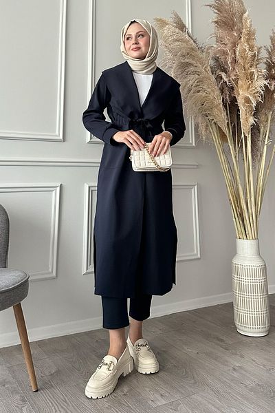 InStyle Waist Tied Navy Blue Hijab Coat