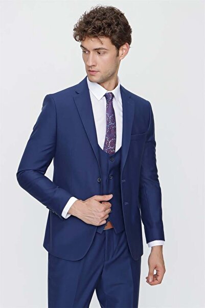 İmza Navy Blue Mono Collar Lined Vest 6 Drop Slim Fit Slim Cut Suit 1001220186