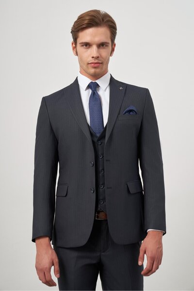 İmza Koyu Lacivert Kılıç Yaka Yelekli 6 Drop Slim Fit Classic Takım Elbise 1001245154