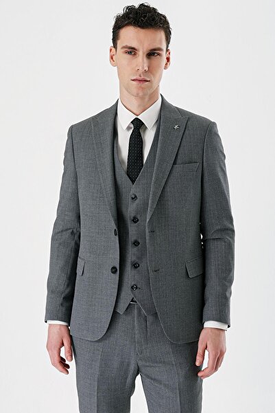 İmza Füme Desenli Kırlangıç Yaka Yelekli 6 Drop Slim Fit Dar Kesim Klasik Takım Elbise 1001240157