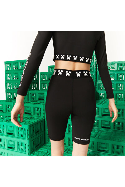 Lacoste X Minecraft Kadın Slim Fit Baskılı Siyah Şort
