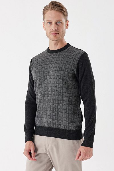 İmza Gray Long Sleeve Patterned Crew Neck Classic Comfort Fit Relaxed Fit Knitwear1012235163