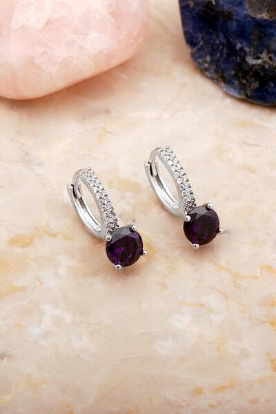 Sümer Telkari Ametist Taşlı Rodyumlu Gümüş Halka Küpe 7103