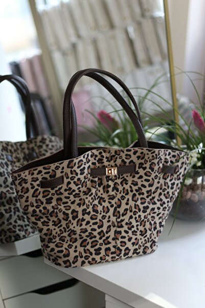 Moom Bag Women's Leopard Patterned Suede Large Size Shoulder Bag with Gold Buckle Detail