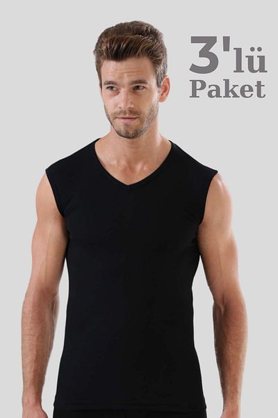 Arma Yıldız 3 Pieces Black Sleeveless Men's Athlete V-Neck Zero Sleeve T-Shirt 100% Cotton