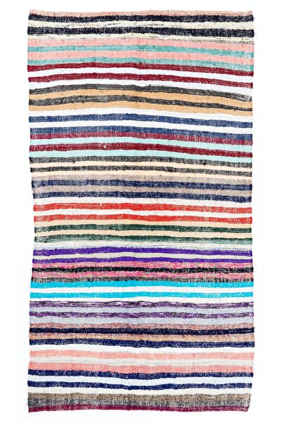 Tekin 145x264 cm Eski Çizgili Pamuklu Kilim. Düz Dokuma Çaput Halı, Çok Renkl...