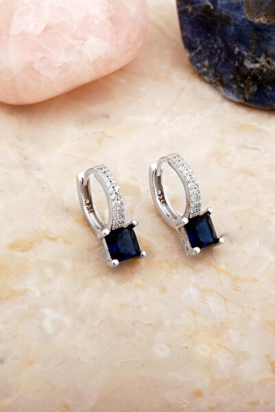 Sümer Telkari Safir Taşlı Rodyumlu Gümüş Halka Küpe 7102