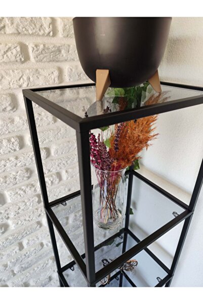 Home Dali Siyah Köşe Kitaplık Dekoratif Aksesuar Rafı Mutfak Rafı 40 cm Füme Camlı