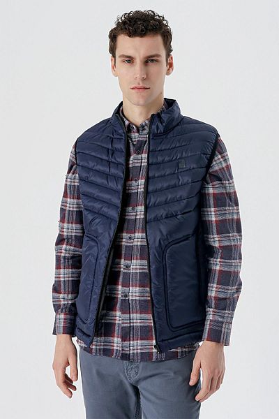 İmza Dark Navy Blue Stand Collar Filled Casual Puffer Vest1009235153