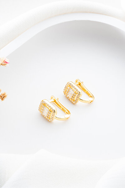 ESSARE 925 Ayar Gümüş Gold Kaplama 3'lü Baget Taşlı Gold Küpe