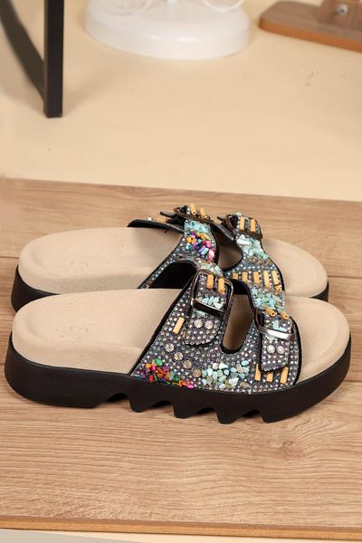 Birikon Papuci 100% piele naturală Stone cu bandă dublă NEGRE