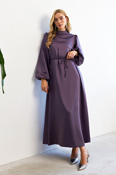 VAVİNOR Balon Kol Saten Abiye Elbise - Leylak