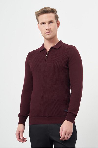 İmza Claret Red Long Sleeve Self Patterned Knitted Polo Collar Classic Comfort Fit Knitwear 1012245156