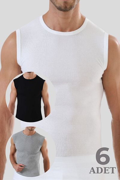 Arma Yıldız 6 Pieces Colorful Sleeveless Men's Athlete Round Neck Zero Sleeve T-Shirt 100% Cotton