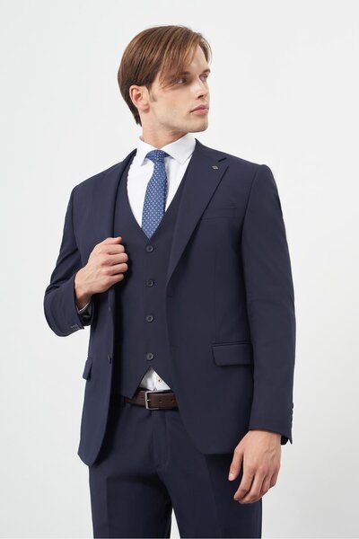 İmza Erkek Lacivert Kırlangıç Yaka Yelekli 6 Drop Slim Fit Takım Elbise 10012...