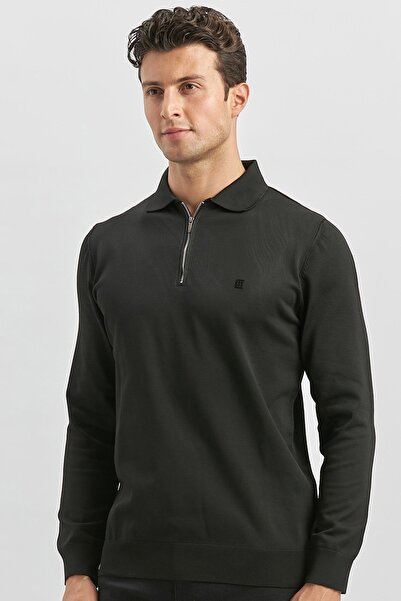 İmza Μαύρο μακρυμάνικο πλεκτό πουλόβερ με κολάρο Polo Slim Fit Slim Fit Πουλόβερ 1012245150