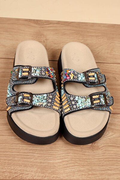 Birikon 100% Genuine Leather Stone Double Banded Slippers Black