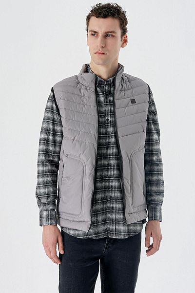 İmza Stand Collar Gray Puffer Vest - Filled, Casual1009235152
