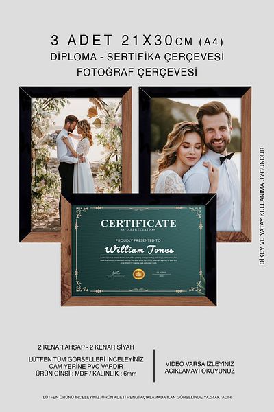 bymat 21X30 Mdf A4 Frame - Wooden Black 2 Color Diploma Frame 3 Pieces
