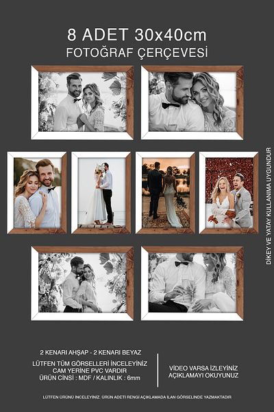 bymat 8 Pieces 30X40 Mdf A3 Frame - Wooden-White 2 Color Photo Frame