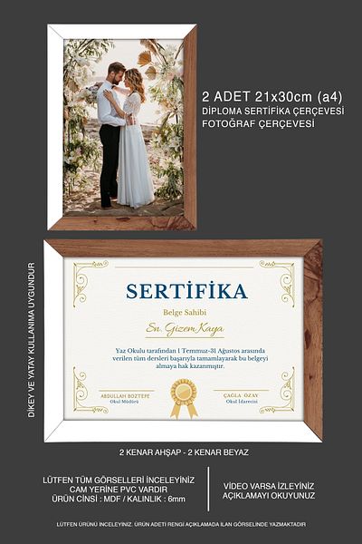bymat 2 Pieces 21X30 Mdf A4 Frame - Photo Frame - Wood-White 2 Colors Diploma Frame