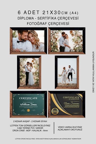 bymat 6 Pieces 21X30 Frame - Mdf A4 Frame - Photo Frame - Wood-Black 2 Color Diploma Frame